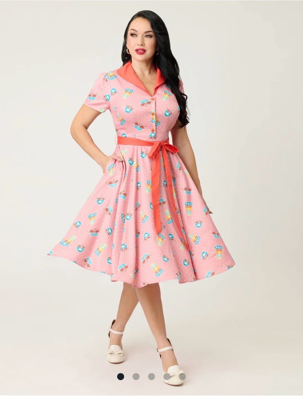 Unique Vintage Pink Retro Fit-and-Flare Dress with Coral Collar